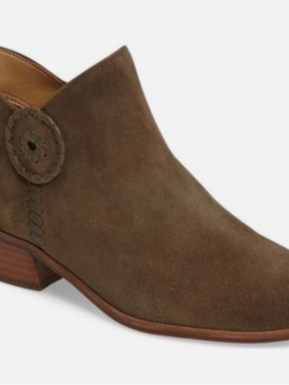 Jack Rogers Olive Suede Ankle Bootie with Button Accent